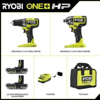 RYOBI ONE+ HP 18V Brushless Cordless 12 in. DrillDriver and Impact Driver Kit w(2) 2.0 Ah Batteries Charger and Bag PBLCK01K