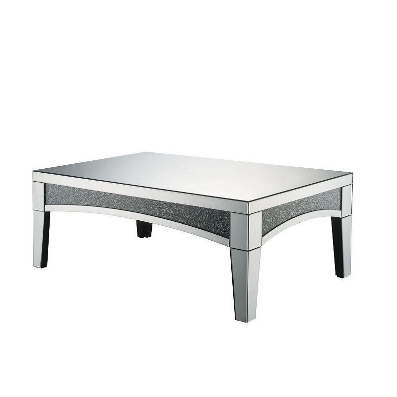 Coffee Table with Mirror Trim and Faux Stone Inlays， Silver