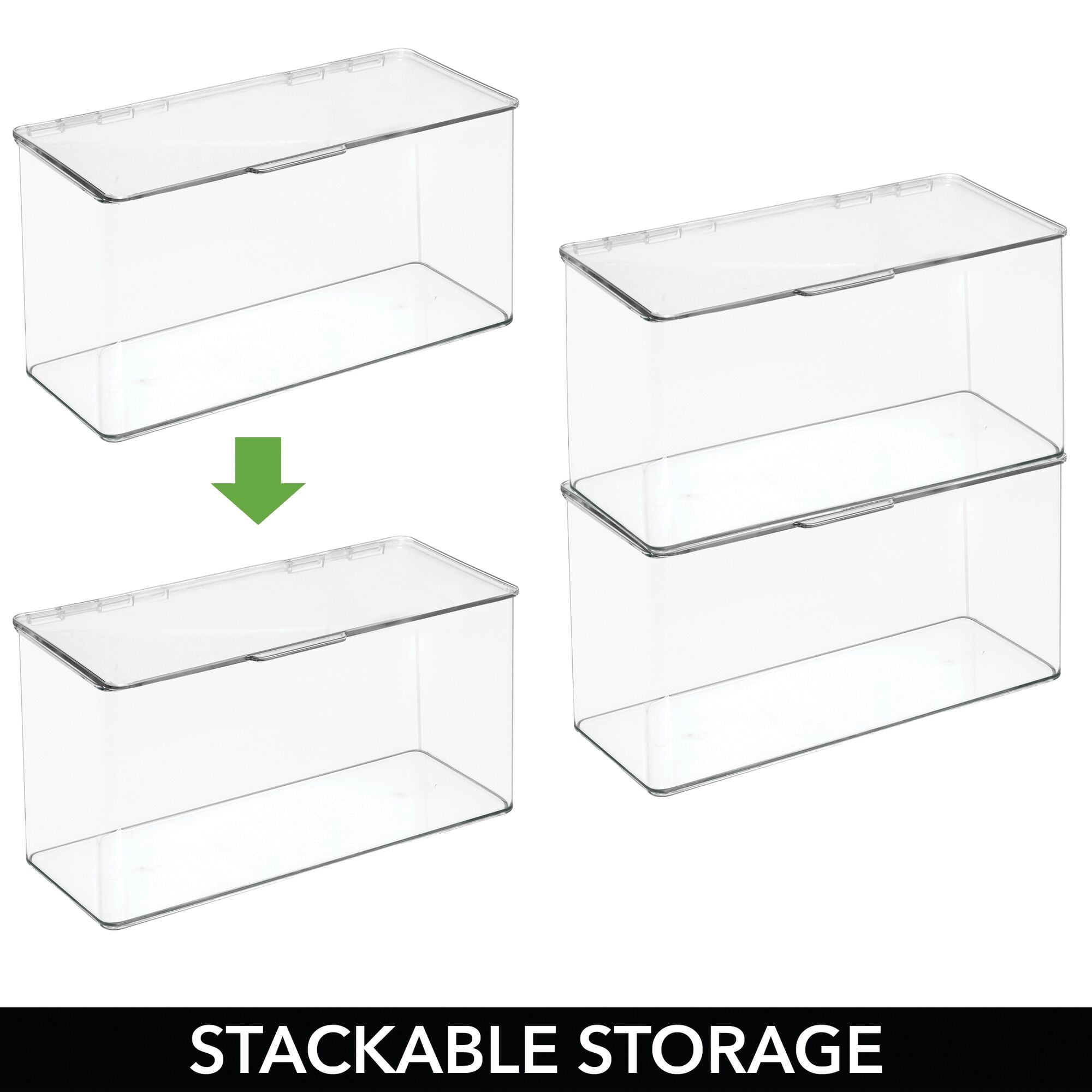 mDesign Plastic Stackable Kitchen Organizer Storage Box with Hinged Lid for Pantry Shelves, Countertop, Cabinet - Organization for Snacks, Spices, Baking Supplies, Includes 4 Bins and 32 Labels, Clear