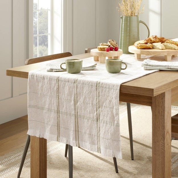 Tri stripe Plaid Woven Table Runner Light Green natural With Magnolia