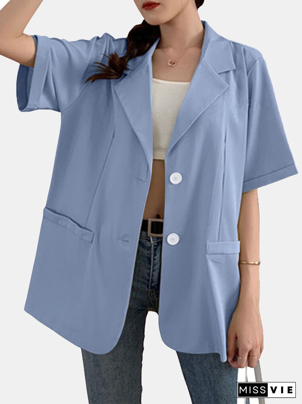 Solid Color Half Sleeve Turn-down Collar Blazer For Women