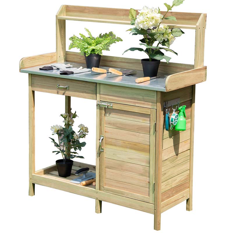 Outdoor Patio Potting Bench Table Rack with Metal Tabletop, Big Drawer & Removable Shelf, Fir Wood Garden Workstation