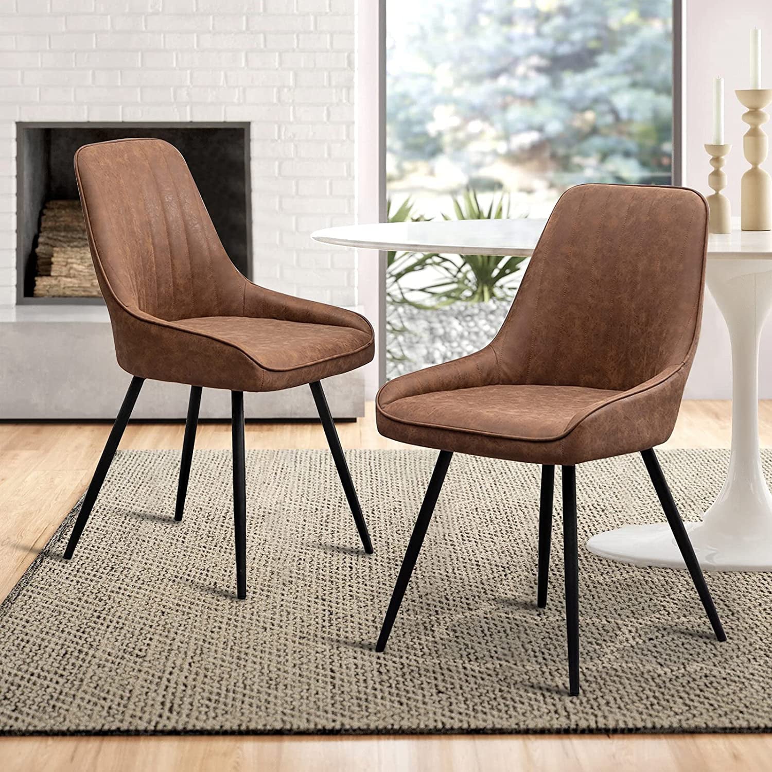 Andeworld Modern Dining Chairs Set of 2 Upholstered Accent Chair Mid Century Armless Leisure Chair Kitchen Living Room Faux Leather Desk Side Chair with Metal Legs-Brown