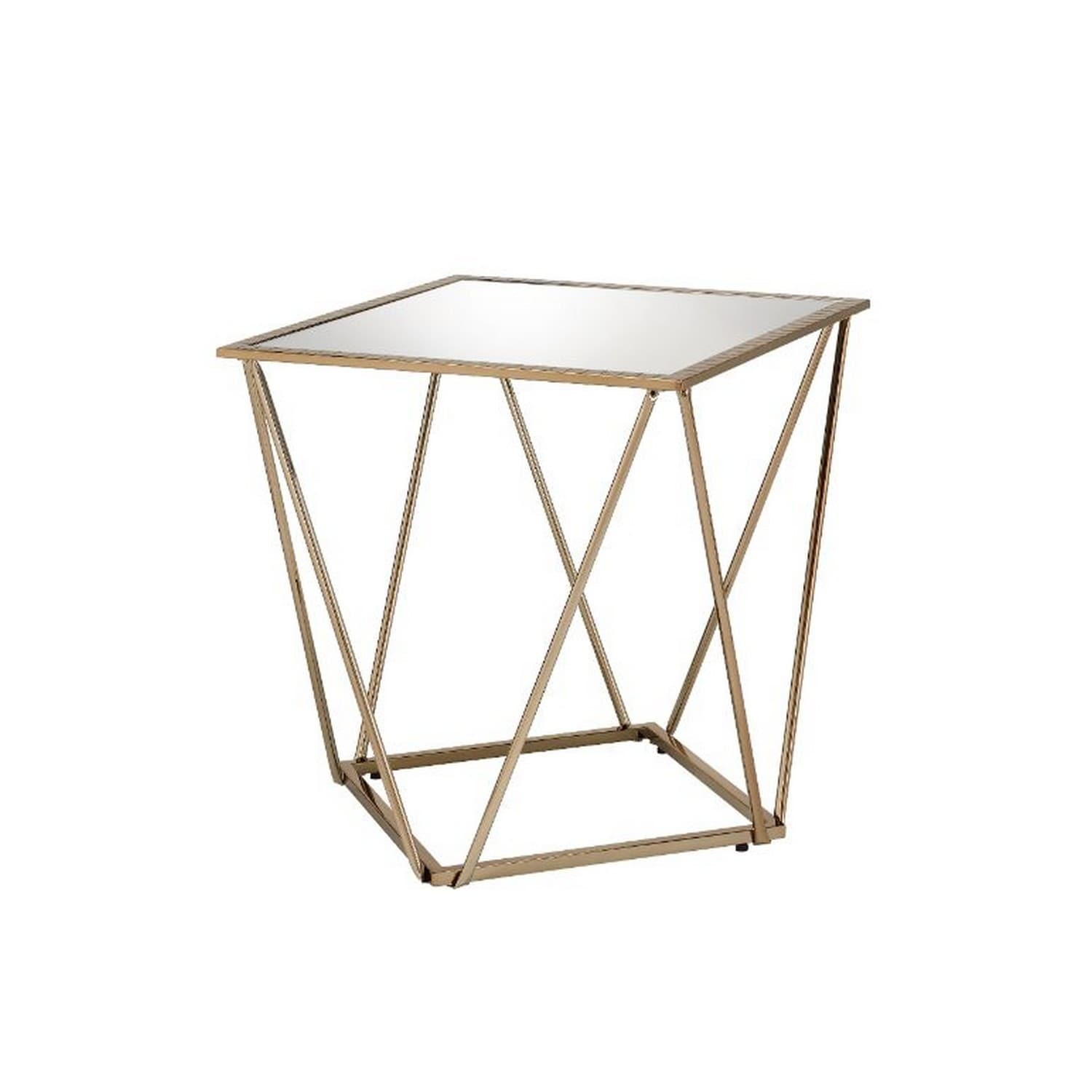 End Table with Mirror Top and Open Geometric Base， Champagne Gold