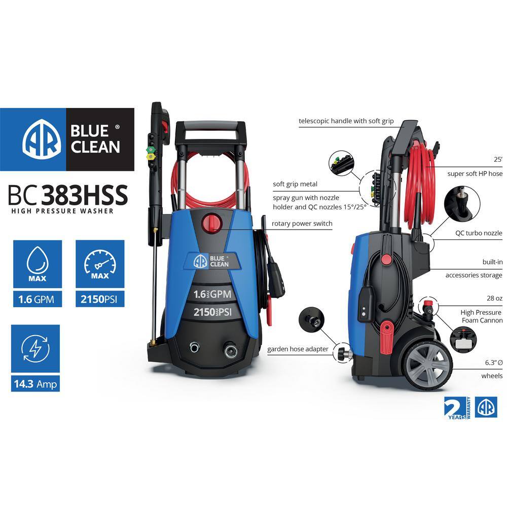 AR Blue Clean BC383HSS New 2150 PSI 1.6 GPM Cold Water Electric Pressure Washer with Universal Motor