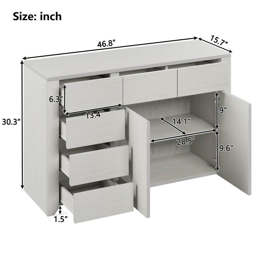 Off White Wood Dresser with 6 Drawers and Two Doors