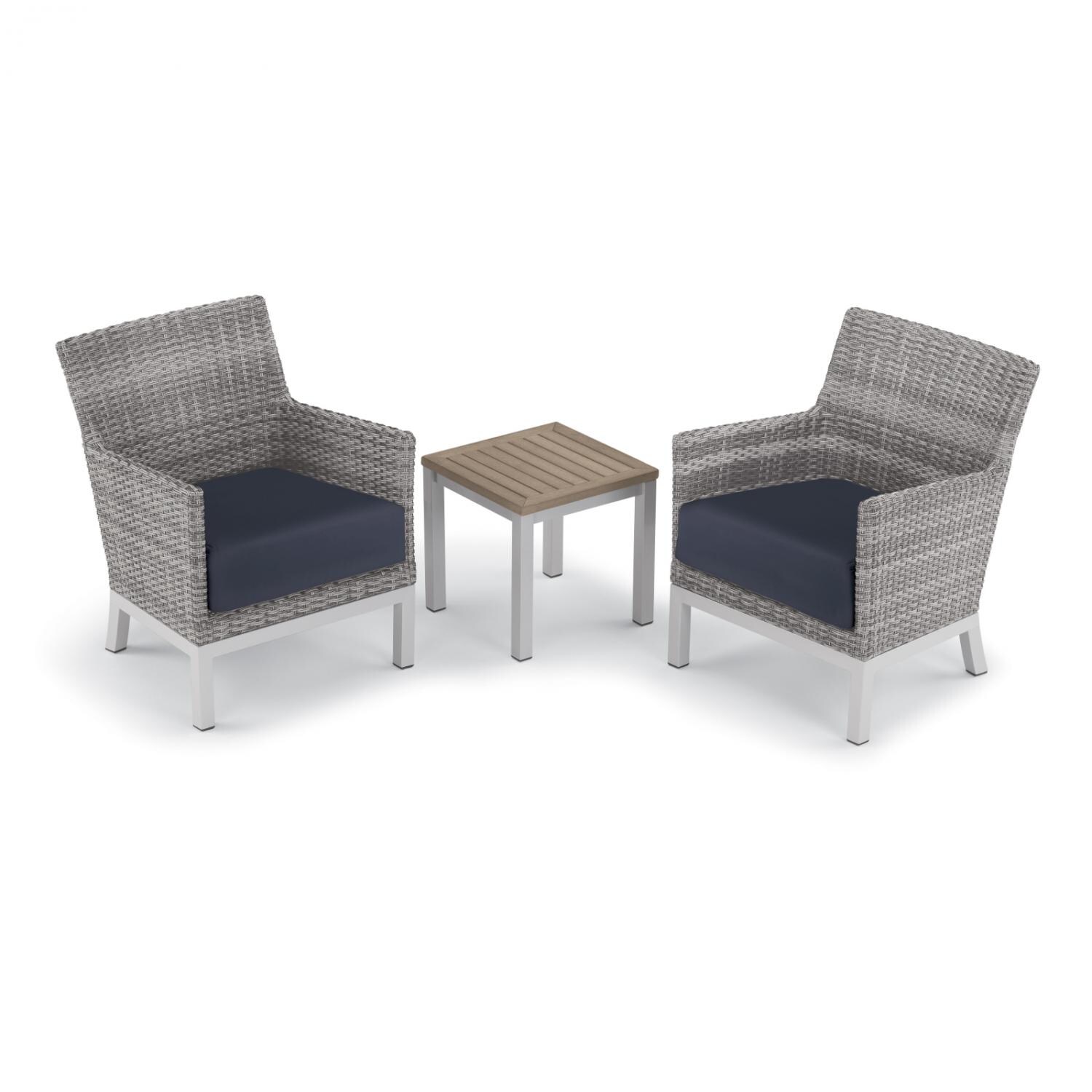 Argento 3 Piece Wicker Patio Conversation Set W/ Tekwood Vintage End Table and Midnight Blue Cushions By Oxford Garden