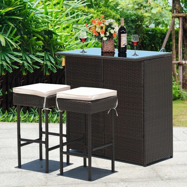 3-piece Rattan Wicker Bar Table Stools Dining Set Cushioned Chairs - 40