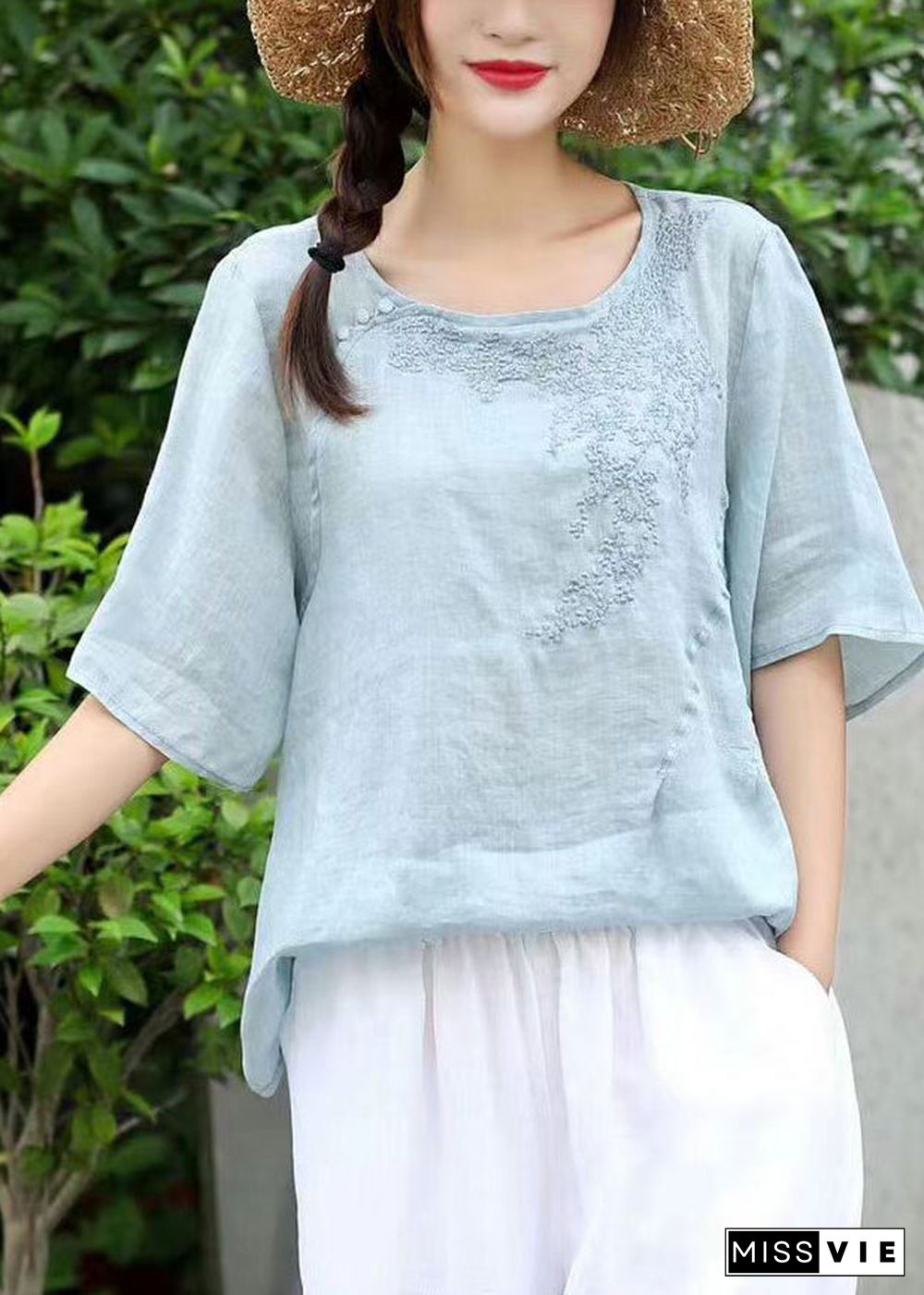 Women Orange O-Neck Embroideried Linen Shirt Top Short Sleeve