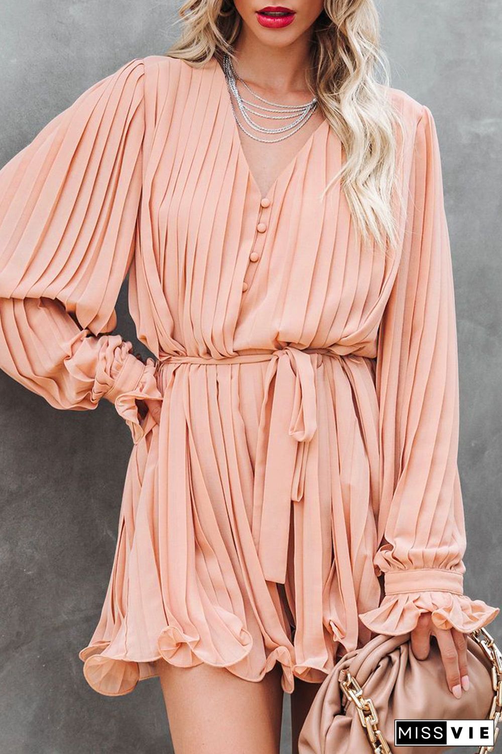 Pleated Ruffled Tie Waist Buttons V Neck Romper