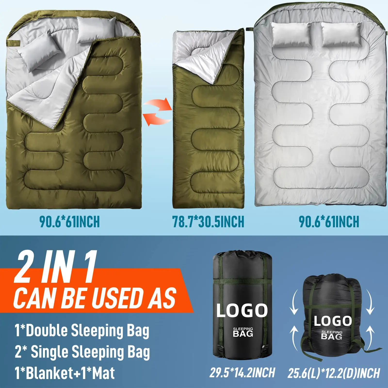 Wholesale Waterproof Light weight 2 Person Sleeping Bag  Adult Double Sleeping Bag two Pillows sleeping bag winter  20