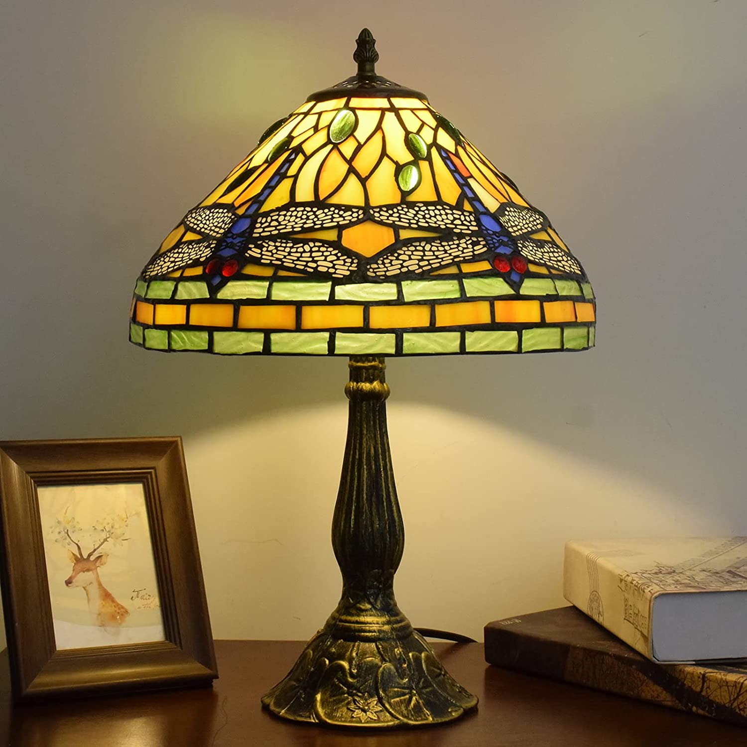 SHADY Tiffany Lamp Stained Glass Lamp Dragonfly Yellow Bedroom Table Lamp Reading Desk Light for Bedside Living Room Office Dormitory Dining Room Decorate  12x12x18 Include Light Bulb