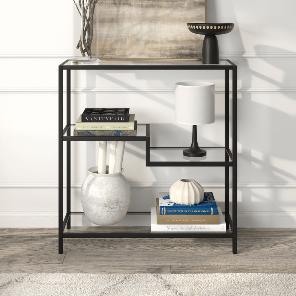 36 quotBlack Metal And Glass Four Tier Etagere Bookcase   Bookcases   by HomeRoots  Houzz