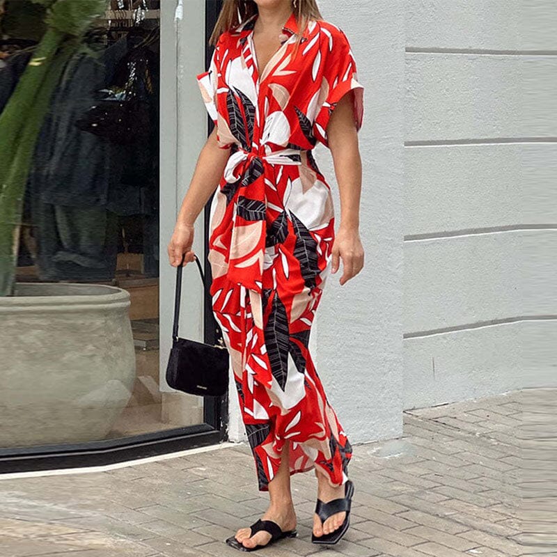 Lapel Tie Leaf Print Dress