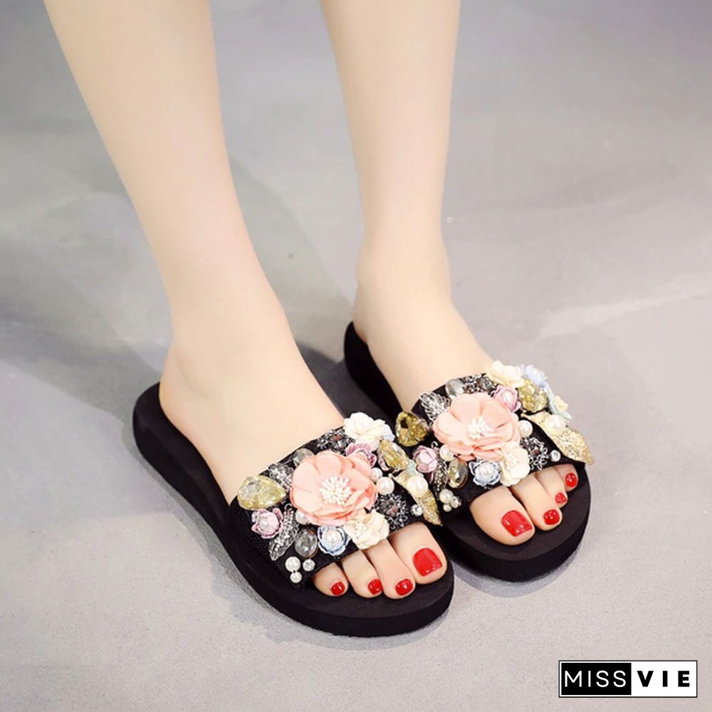 Women Crystal Auger Pearl Flower Platform Sandals Beach Slippers Shoes