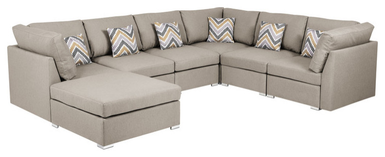 Amira Beige Fabric Reversible Modular Sectional Sofa with Ottoman and Pillows   Contemporary   Sectional Sofas   by Morning Design Group  Inc  Houzz