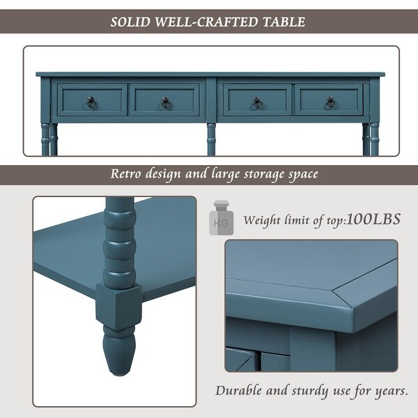 Console Table Sofa Table with Drawers and Long Shelf Rectangular Living Room Table Solid Wood Antique Navy