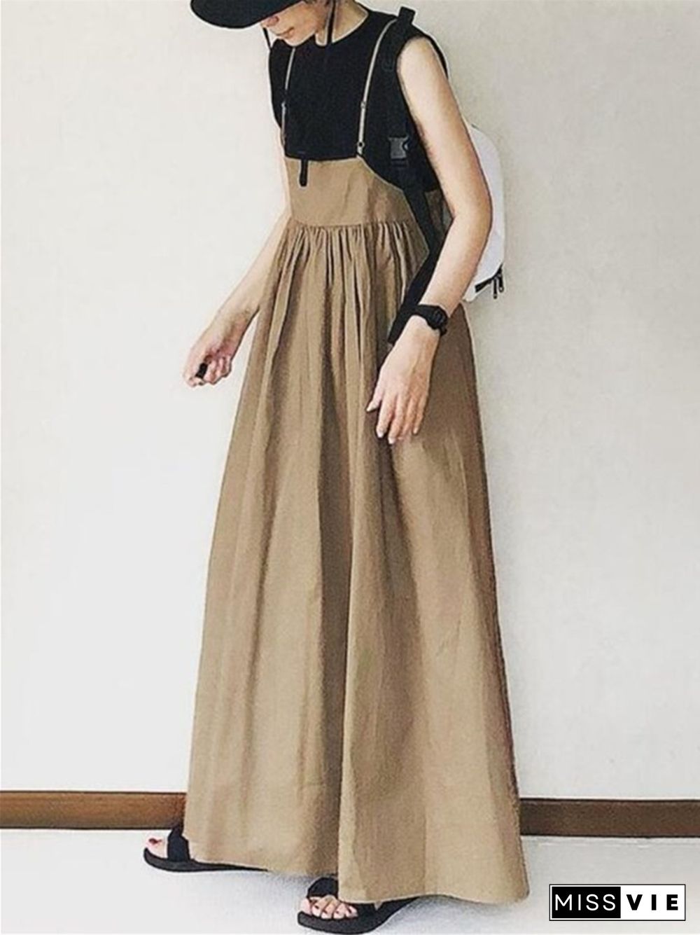 Long Skirt Spring Summer High Waist Skirt Solid Color Pleated Sling Long Skirt