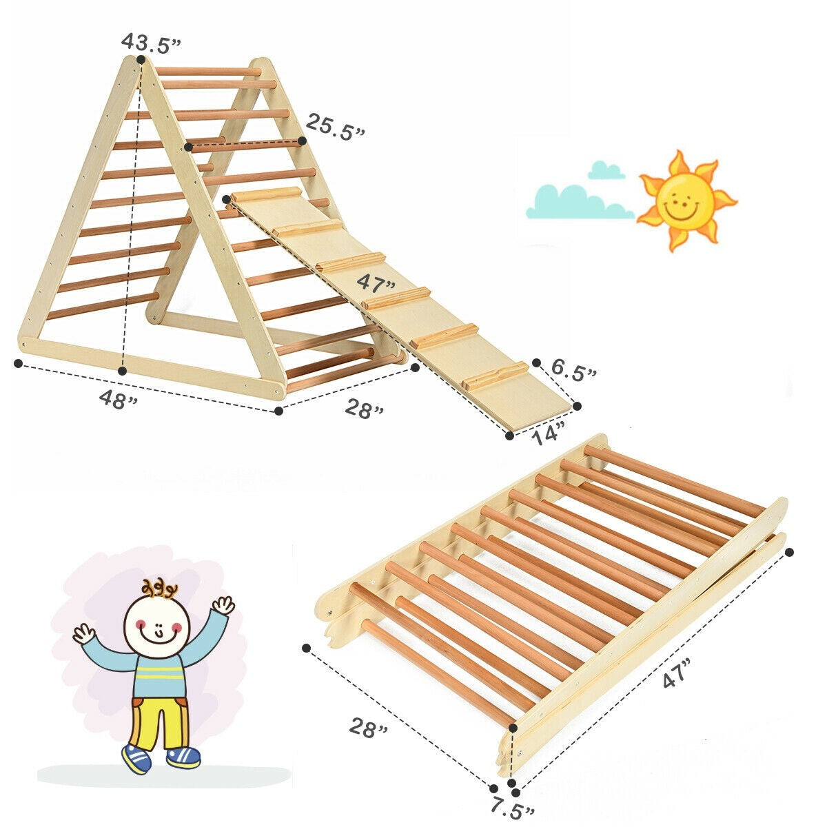 Costzon Foldable Triangle Ladder with Ramp, 3 in 1 Toddler Wooden Activity Climber for Sliding & Climbing