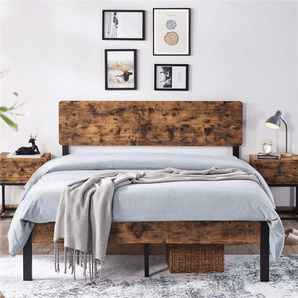 Easyfashion Metal Bed Frame with Wooden Headboard Rustic Brown Queen  Crowdfused