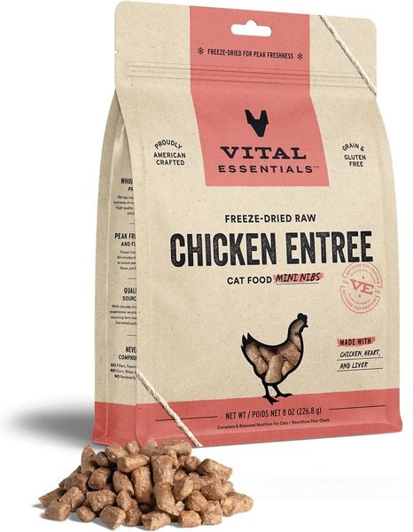 Vital Essentials Chicken Entree Cat Food Mini Nibs Grain-Free Freeze-Dried Raw Cat Food， 8-oz bag