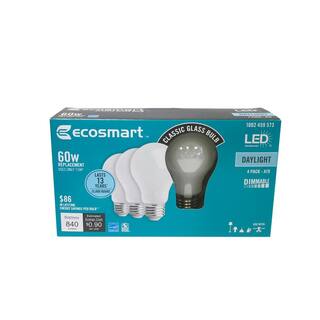 EcoSmart 60-Watt Equivalent A19 Dimmable Energy Star Frosted Filament LED Light Bulb Daylight (4-Pack) B7FA1960WESQD03