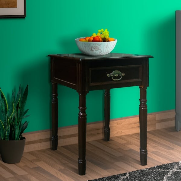 Square Shaped End Table with Turned Tapered Legs and 1 Drawer， Cherry Brown