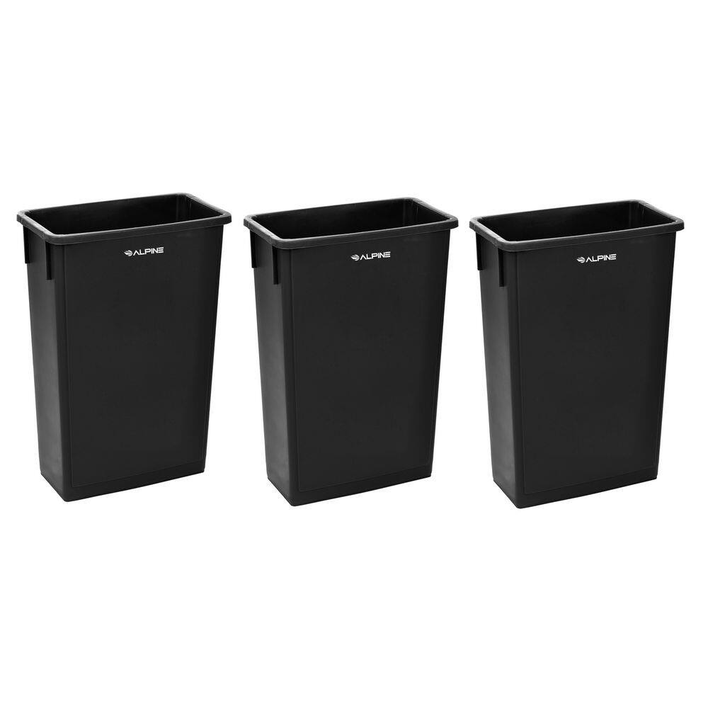 Alpine Industries 23 Gal. Black Plastic Waste Basket Commercial Slim Trash Can (3-Pack) 477-BLK-3PK