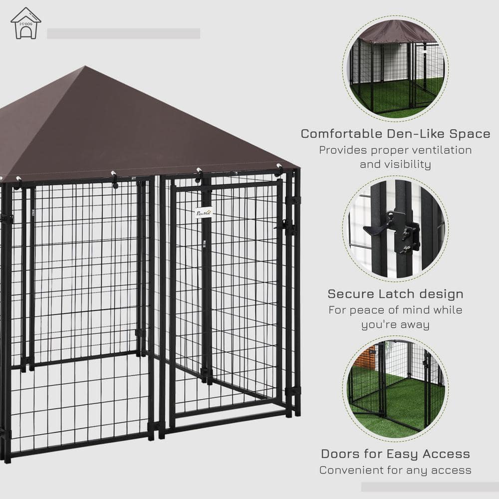 PawHut Black Metal Lockable Dog House Kennel with Water-Resistant Roof D02-031