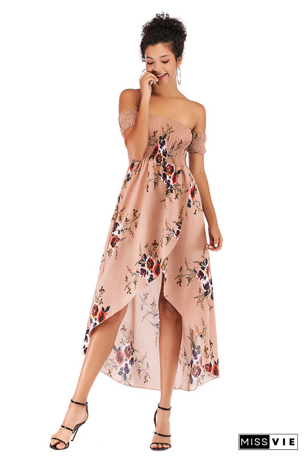 Off-the-shoulder Asymmetrical Hem Shirred Floral Dress