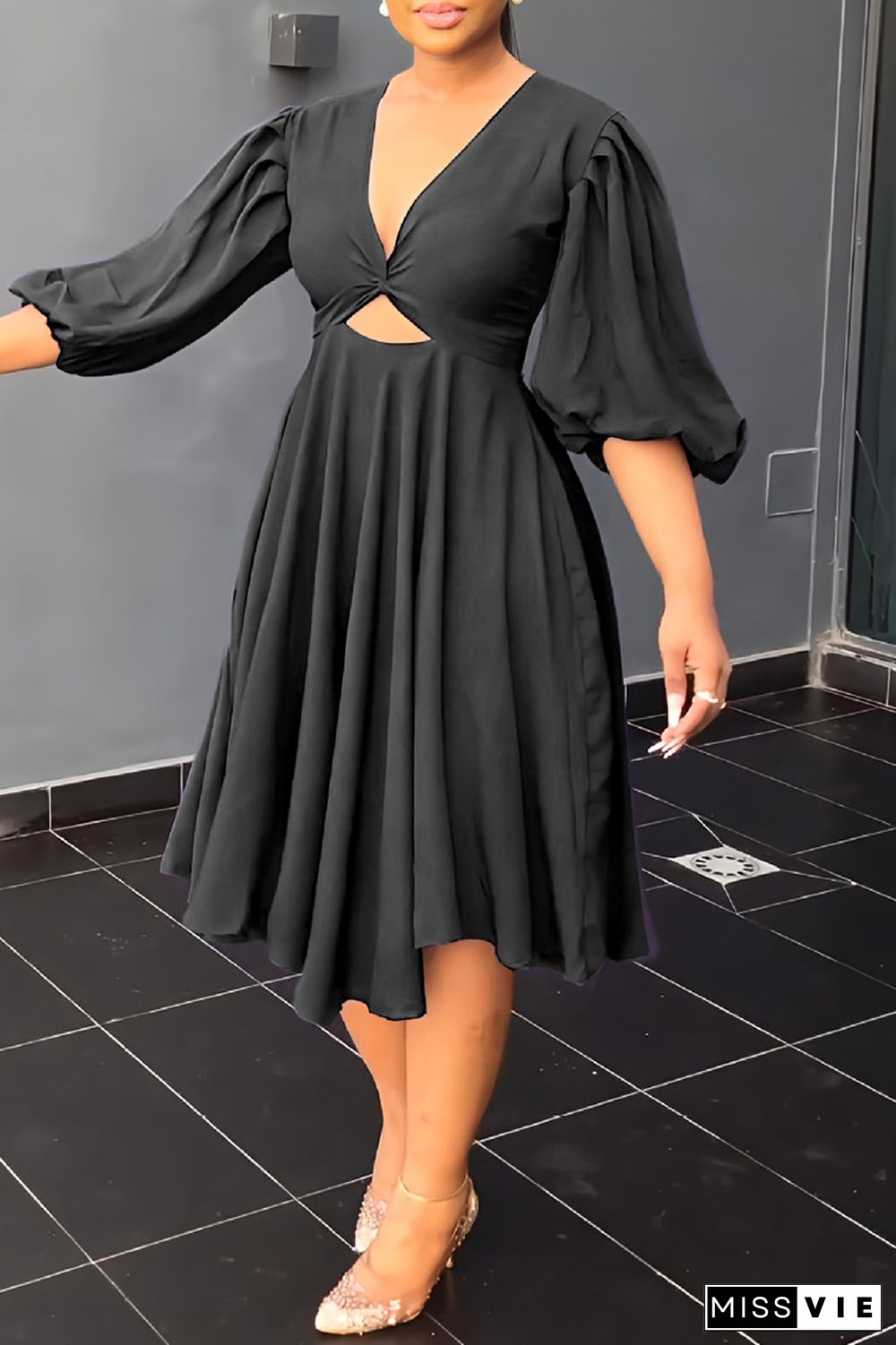 Black Casual Solid Hollowed Out V Neck A Line Dresses