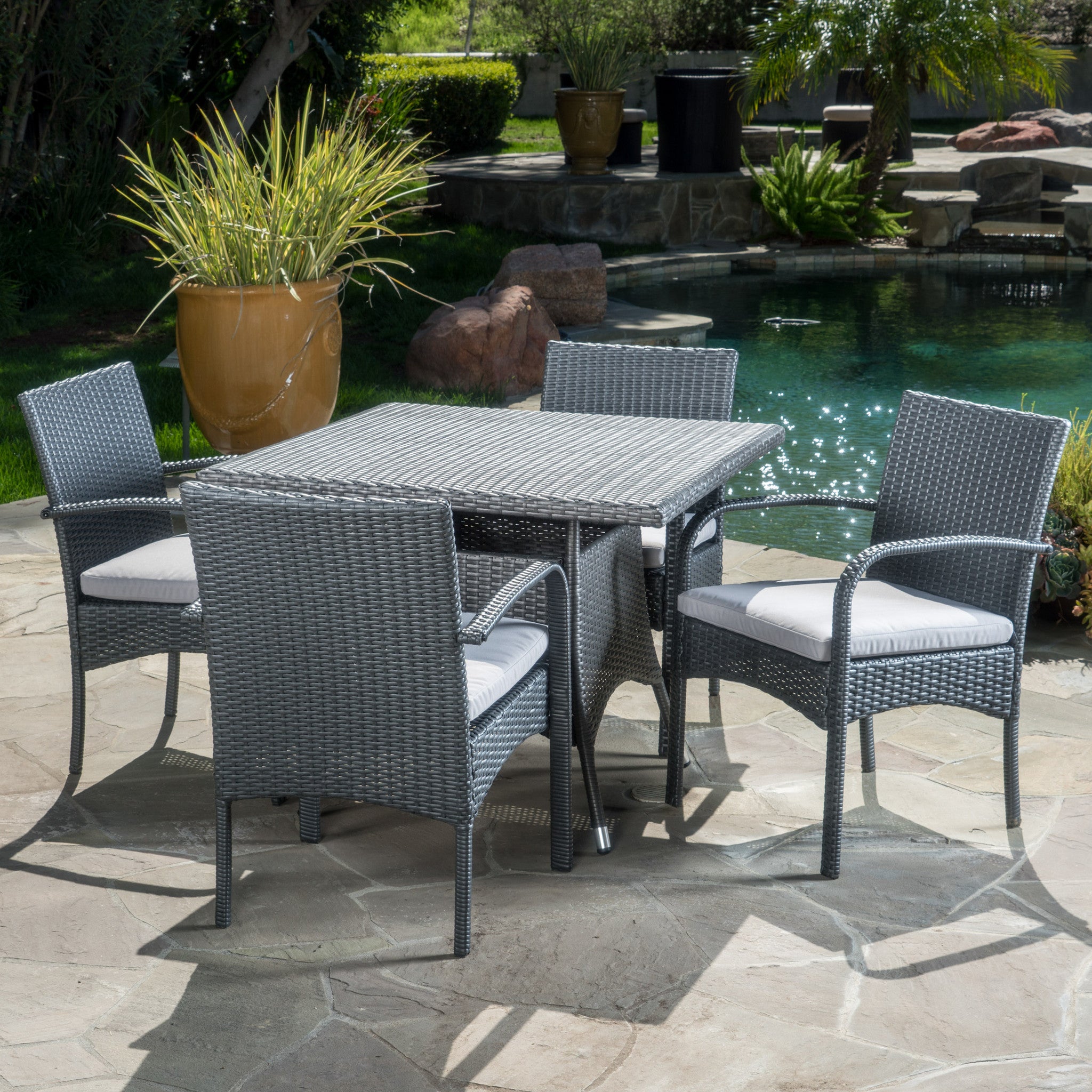 Pattinson Outdoor 5 Piece Grey Wicker Dining Set with Cushions