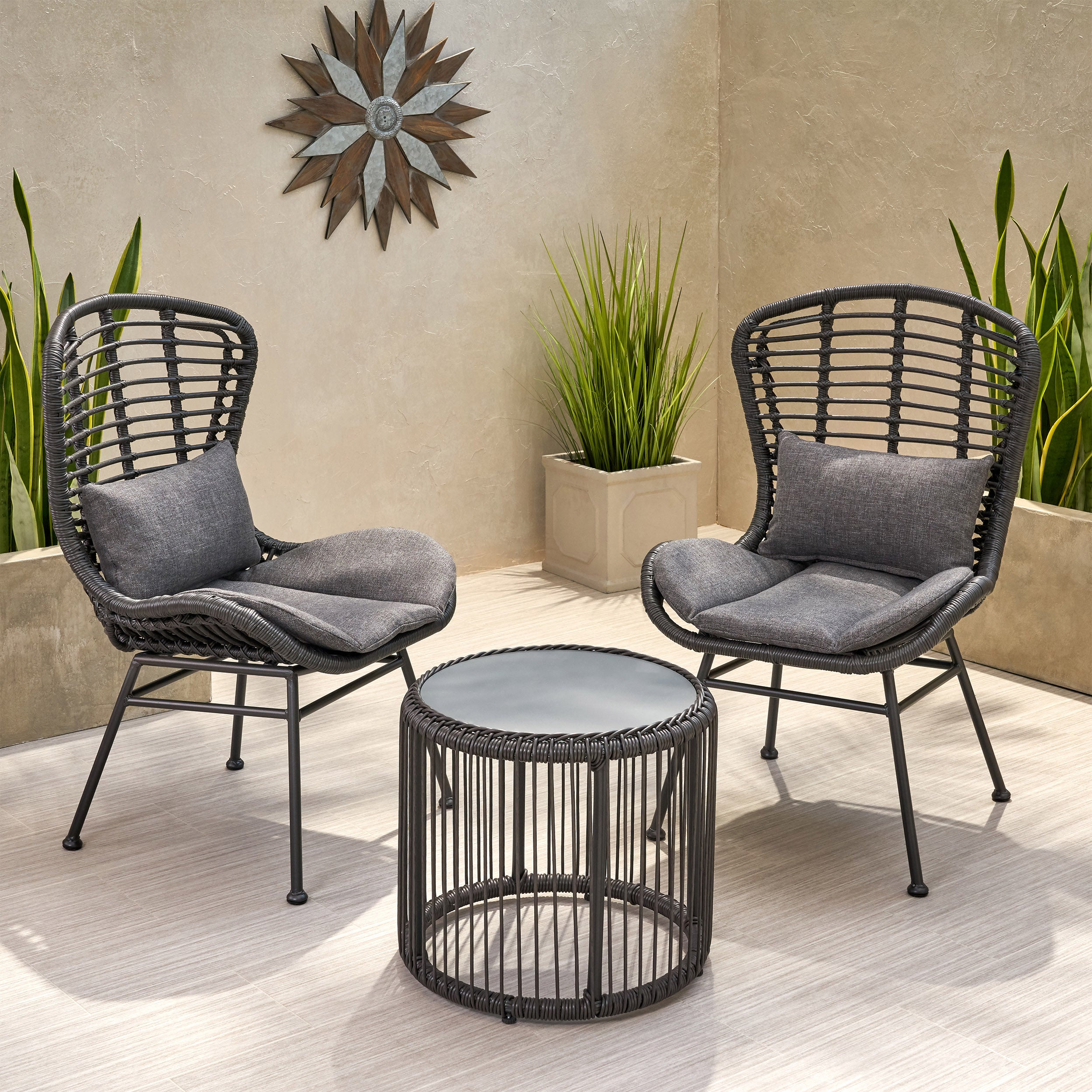 Keslynn Outdoor Modern Boho 2 Seater Wicker Chat Set with Side Table