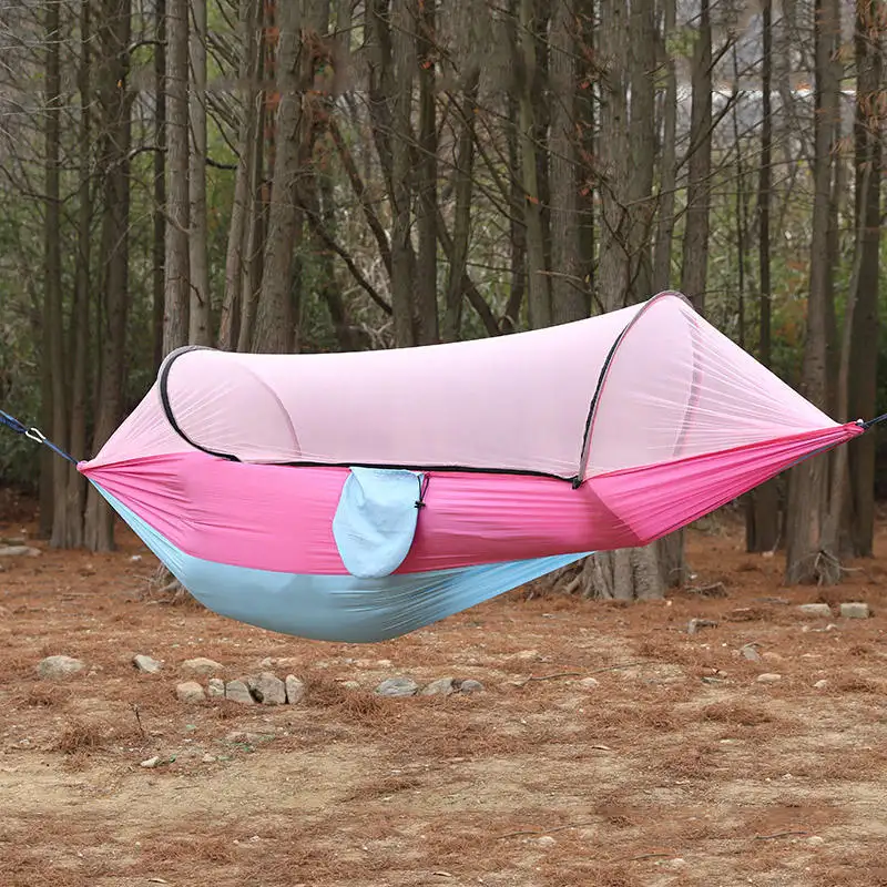 Outdoor camping anti rollover nylon hammock with mosquito net Single double automatic quick opening mosquito net hammock