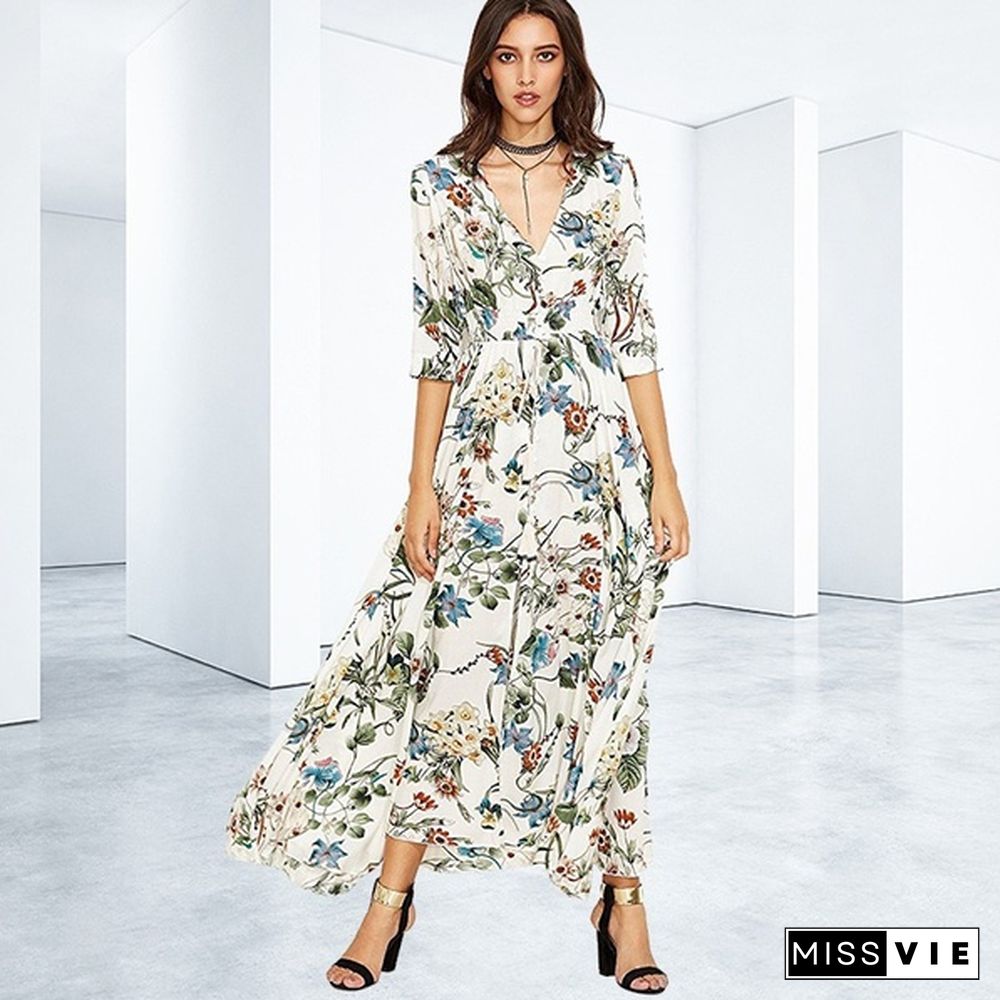 Fashion Bohemian Dress Womens V Neck Floral Print Big Swing Long Dress