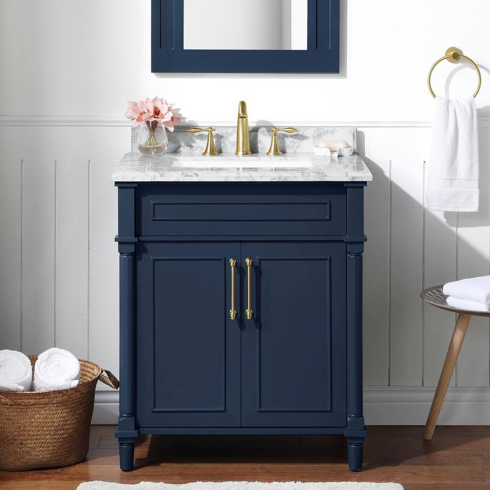 Home Decorators Collection Aberdeen 30 in. x 22 in. D x 34.5 in. H Bath Vanity in Midnight Blue with White Carrara Marble Top Aberdeen 30MB