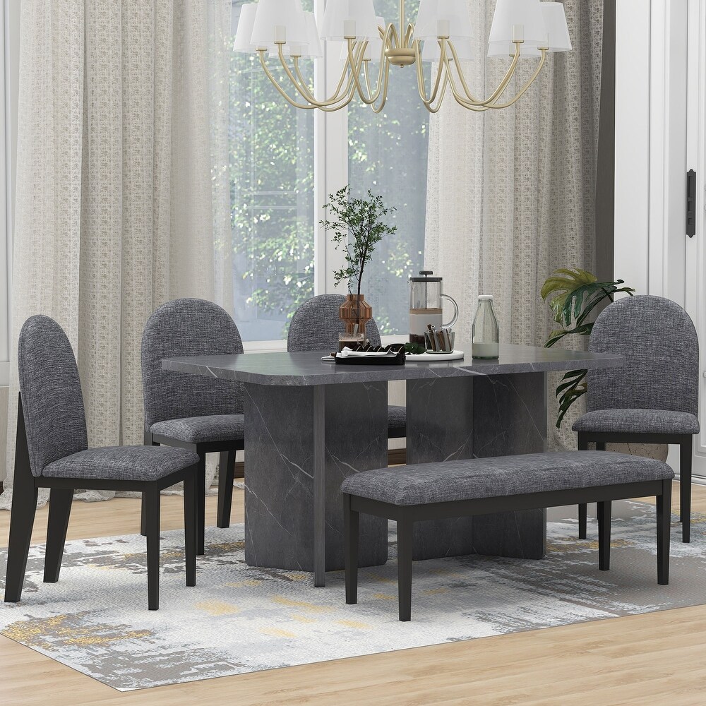 6 Pcs Rubber Wood Dining Table Set with 4 Upholstered Chairs   1 Bench