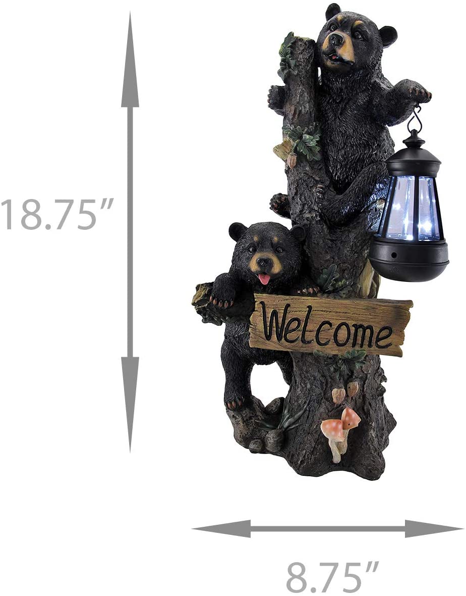 DWK Twin Bears Climbing a Tree Outdoor 18" Porch Sign and Solar LED Light Lamp Outdoor Home Garden Decor Bear Statues