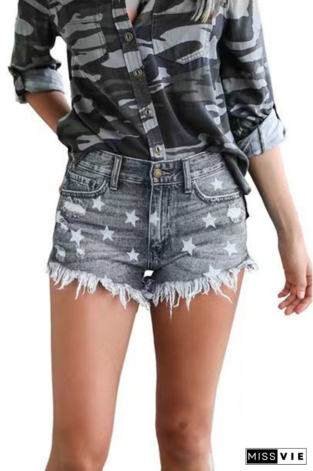 Star Print Raw Hem Ripped Denim Shorts Wholesale