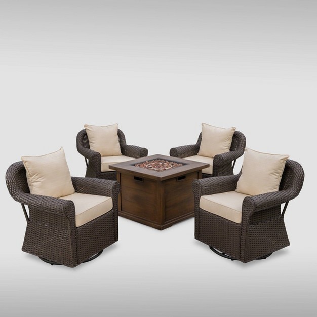 Venti 5pc Wicker Swivel Club Chairs And Fire Pit Dark Brown beige Christopher Knight Home