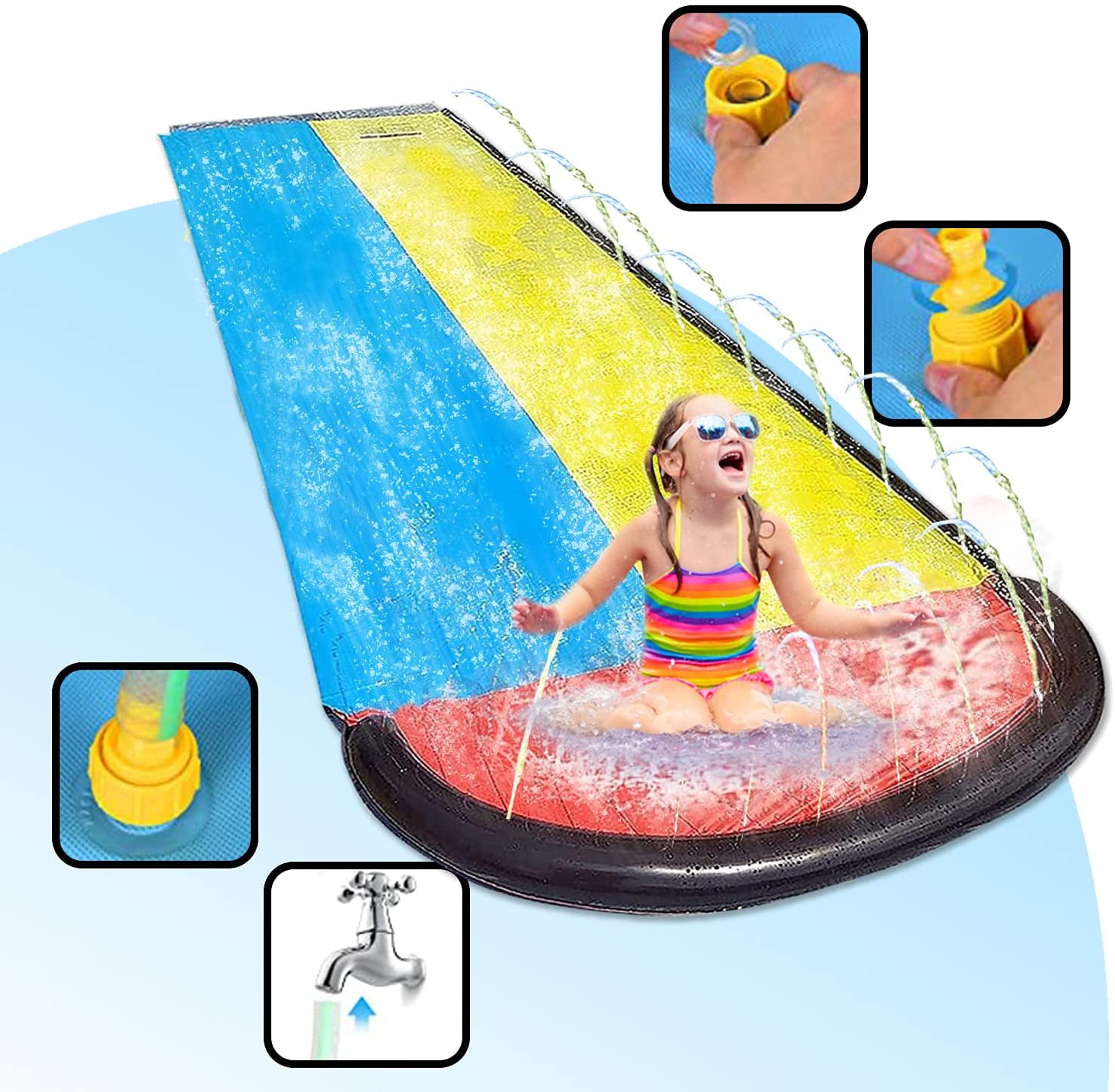 Sadie Lawn Water Slides Slip with Splash Sprinkler and Inflatable Crash Pad Backyard， Double Racing Water Slip Children Swimming Pool Games Outdoor Water Toys for Kids