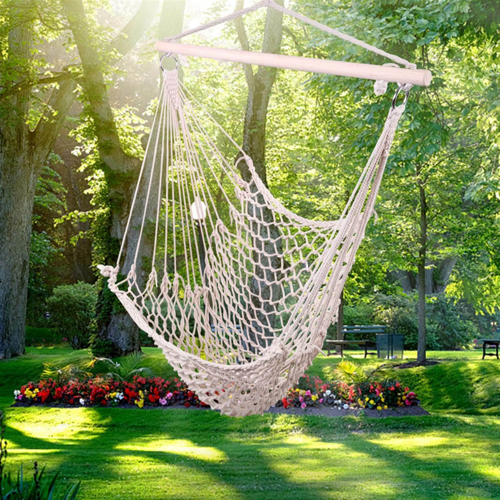 Indoor Outdoor Handmade Hanging Cotton Rope Hammock Lounge Swing Chair for Patio, Porch, Bedroom, Backyard - Beige