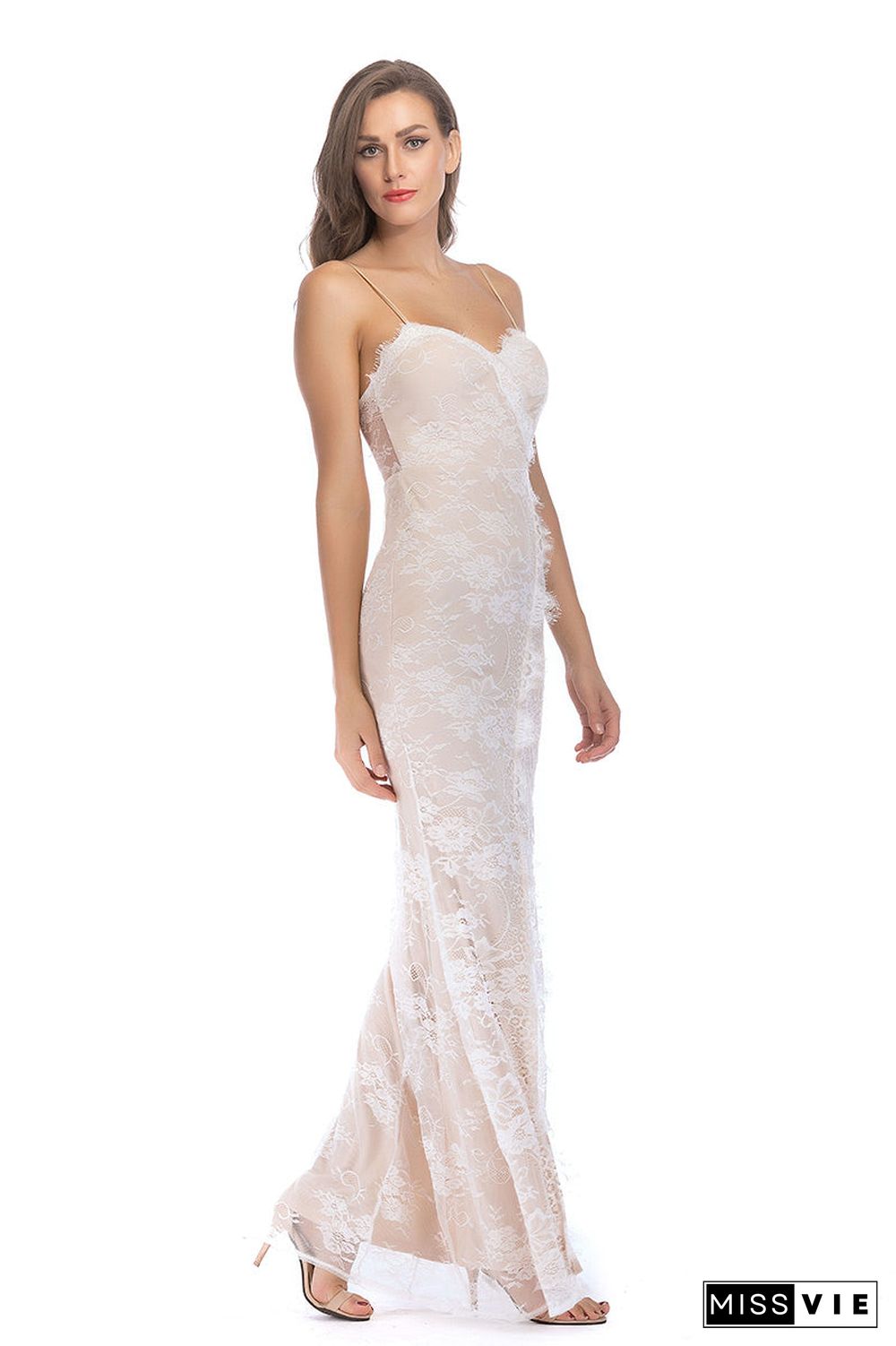 Ivory Lace Spaghetti Straps Backless Slit Bodycon Prom Dress