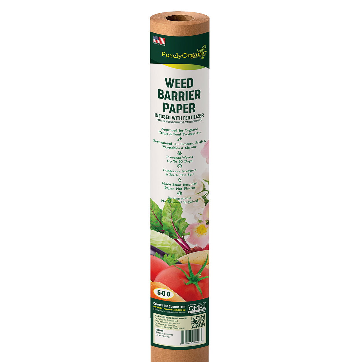 Purely Organic Weed Barrier Paper with Fertilizer (Covers 150 Sq Ft)