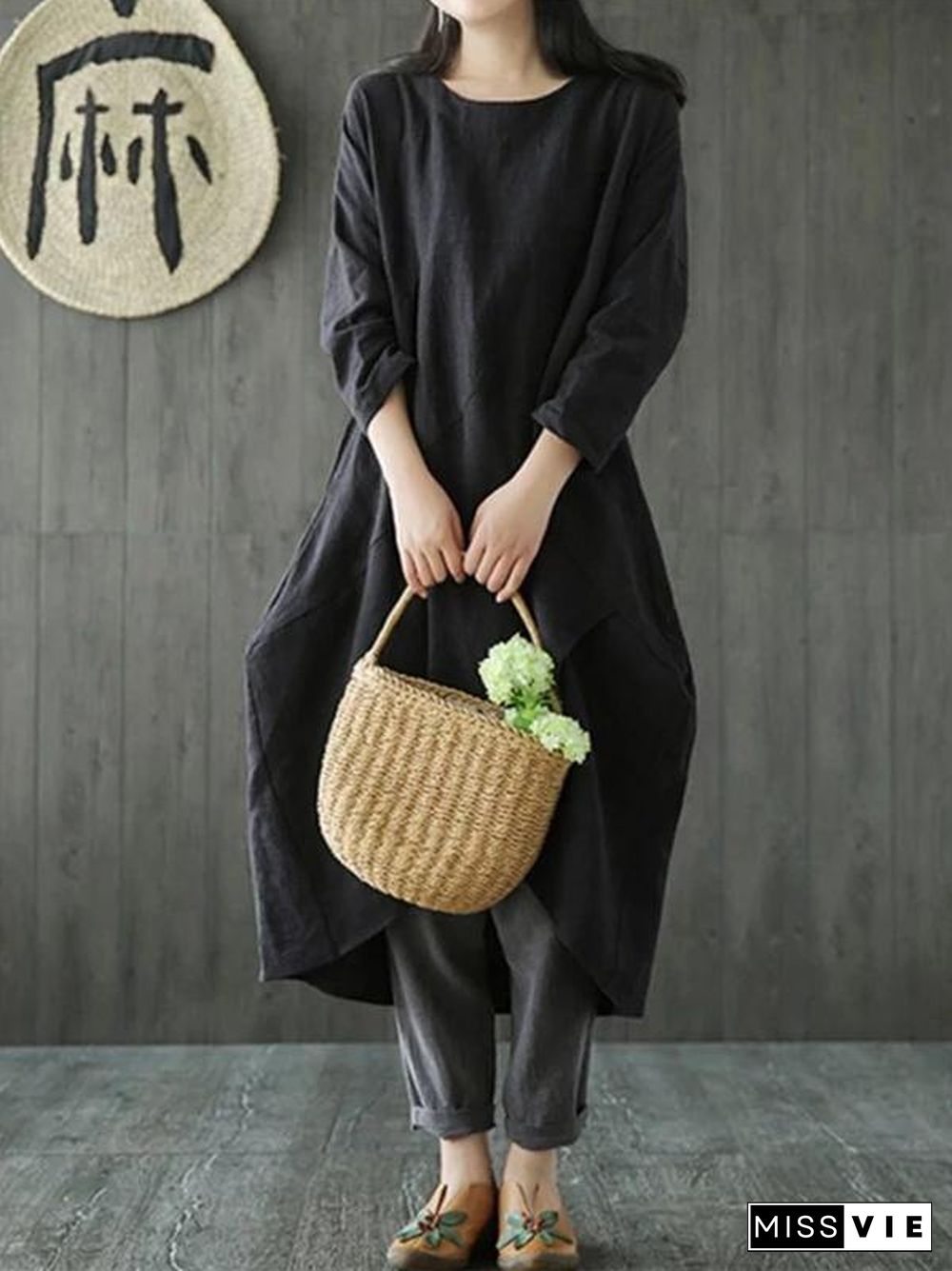 Bohemian o neck asymmetric linen cotton springLong Shirts Catwalk black Dresses