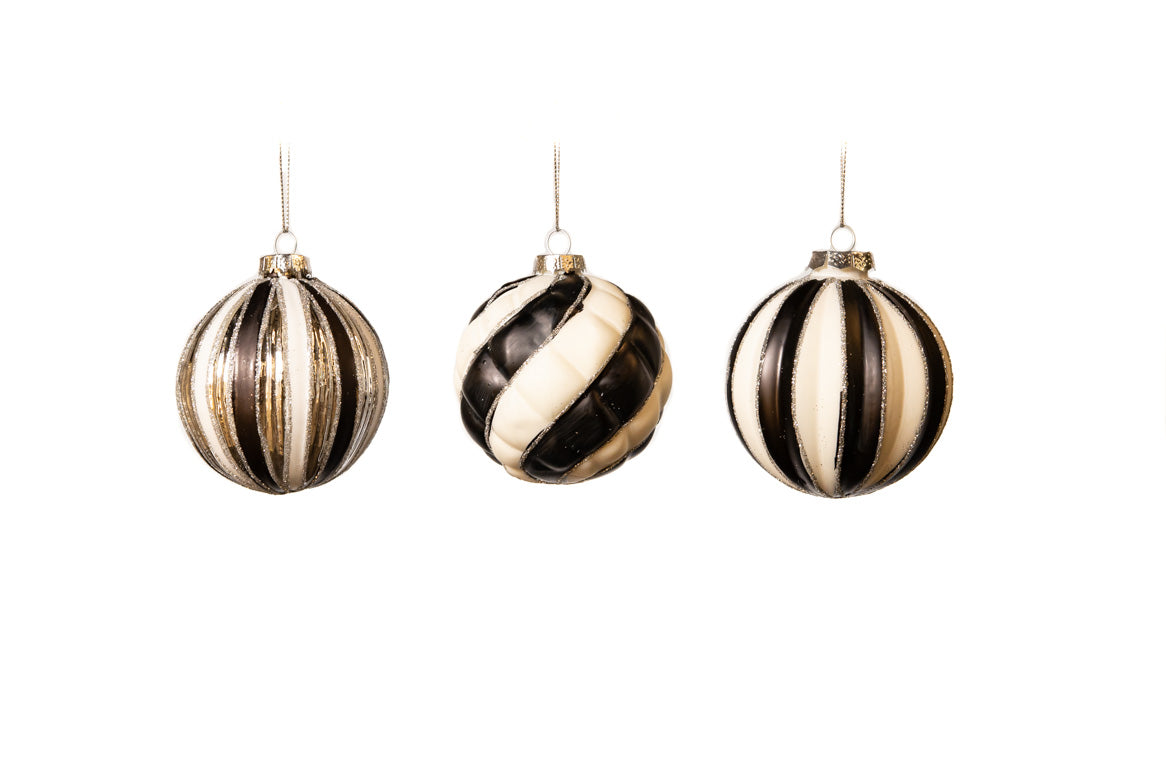 3 Black & White Assorted Ornament Set Of 12