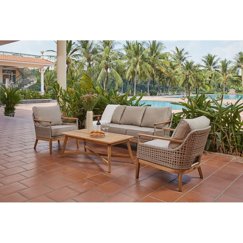 August 4 Piece Stationary Sunbrella Sofa Patio Seating Set (2 Lounge Chairs  Sofa   Natural Coffee Table)