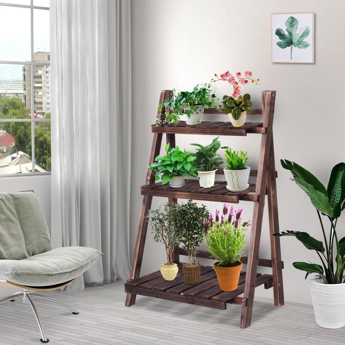 3 Tier Rustic Wooden Folding Plant Stand Flower Rack