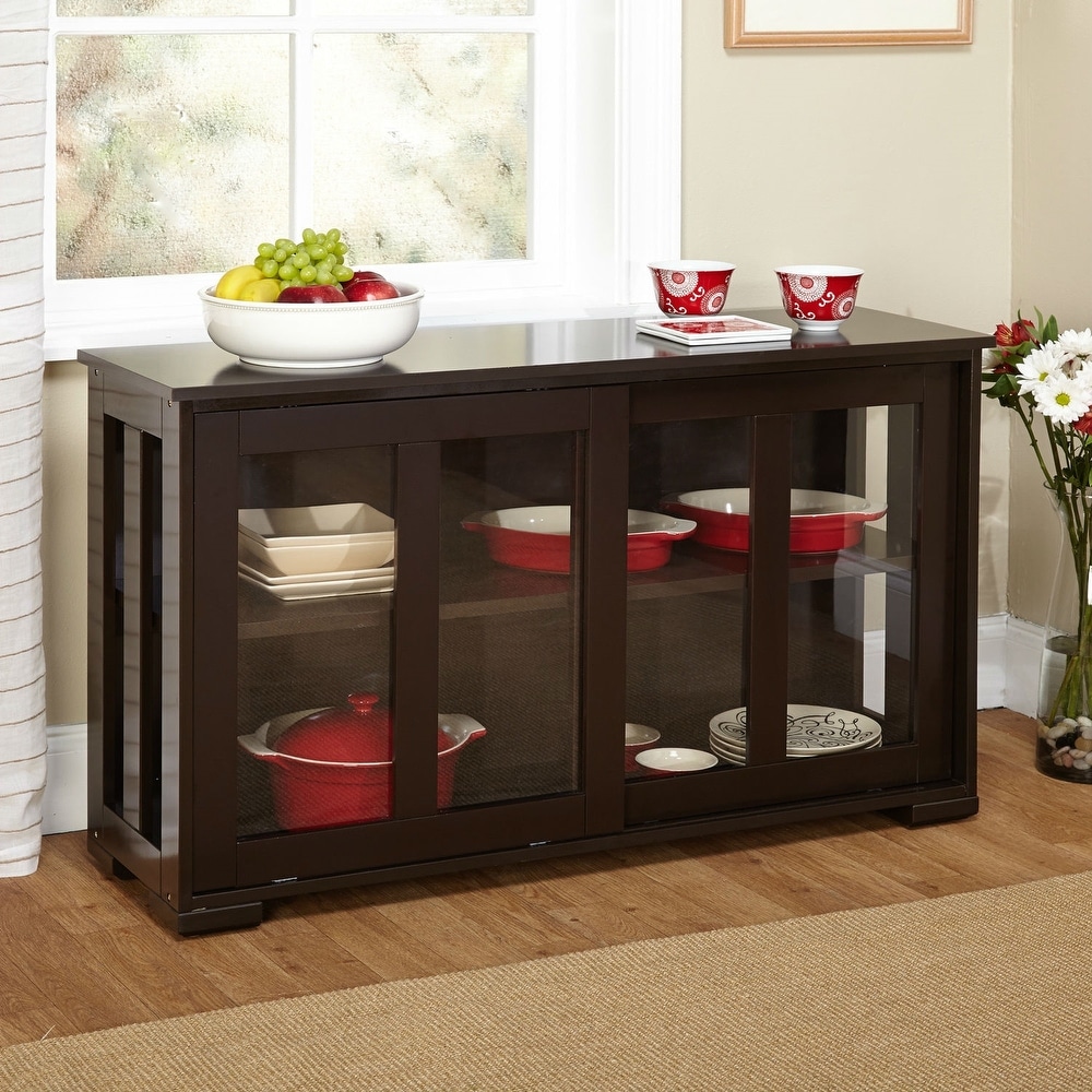 Espresso Sideboard Buffet Dining Kitchen Cabinet with 2 Glass Sliding Doors   25\