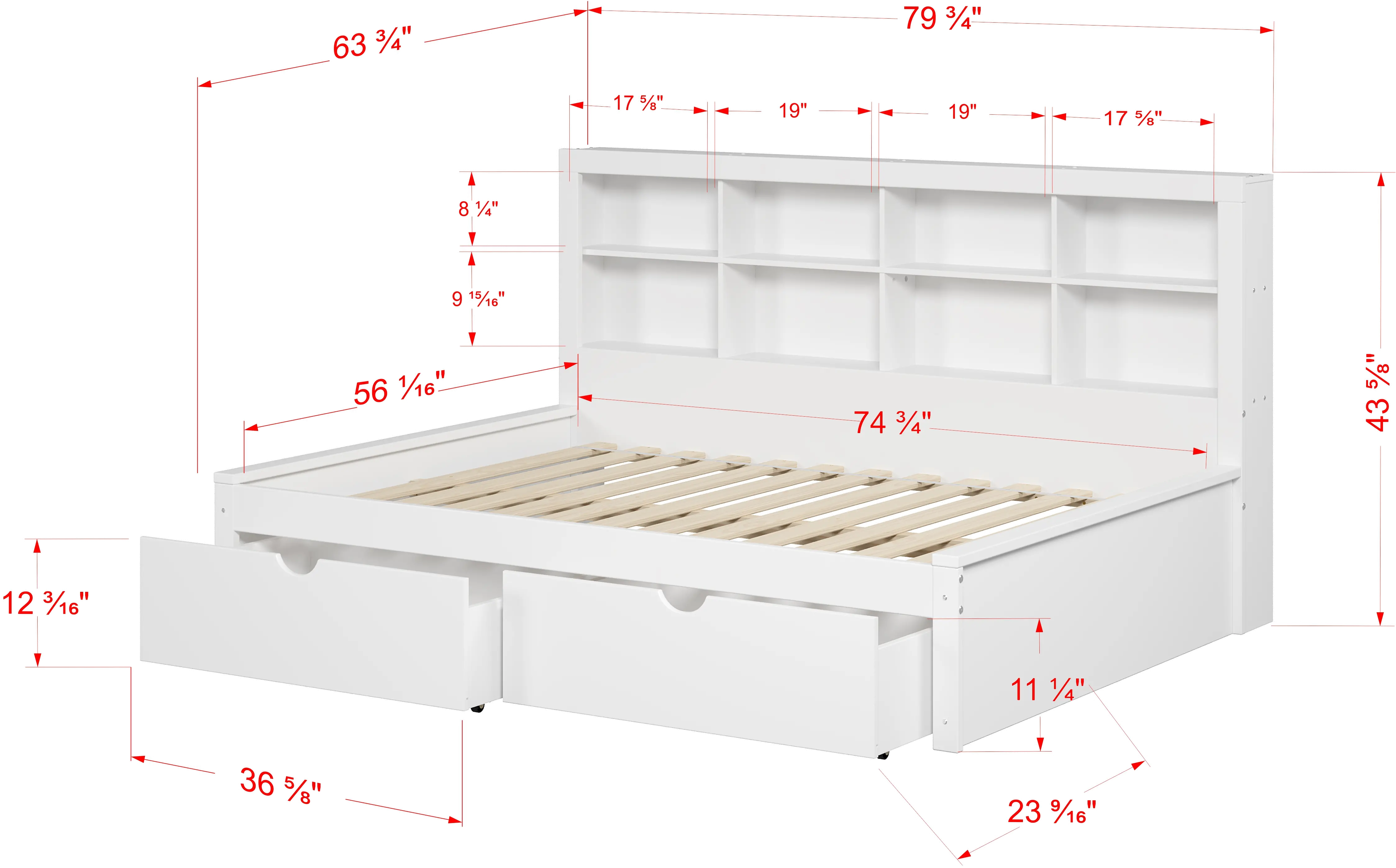 White Full Bookcase Daybed with Storage Drawers